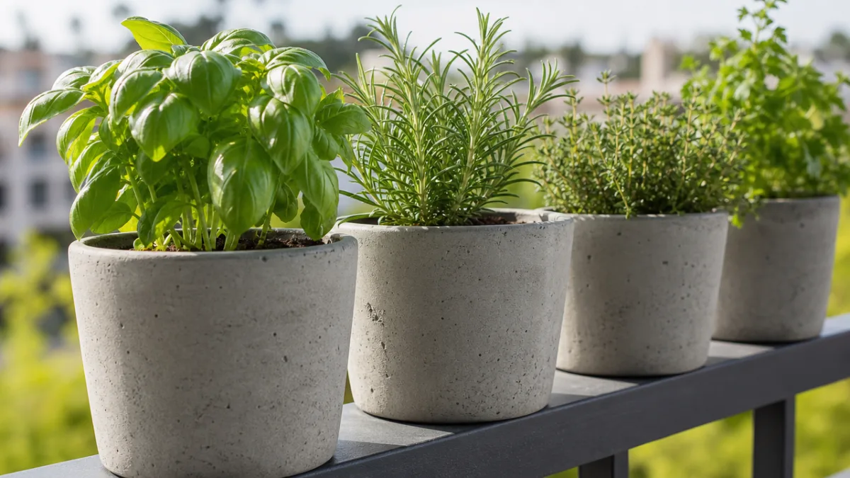 close-up of sealed cement plant pots with green herbs on a sunny…