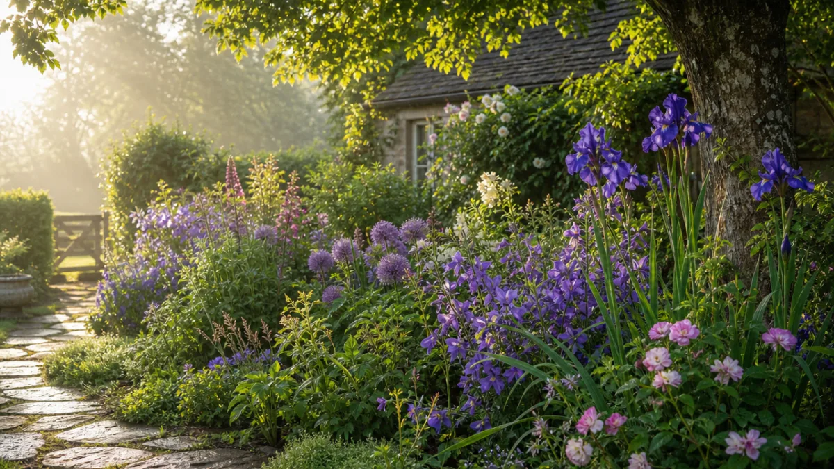 a lush cottage garden border in soft morning light with violet flowers…