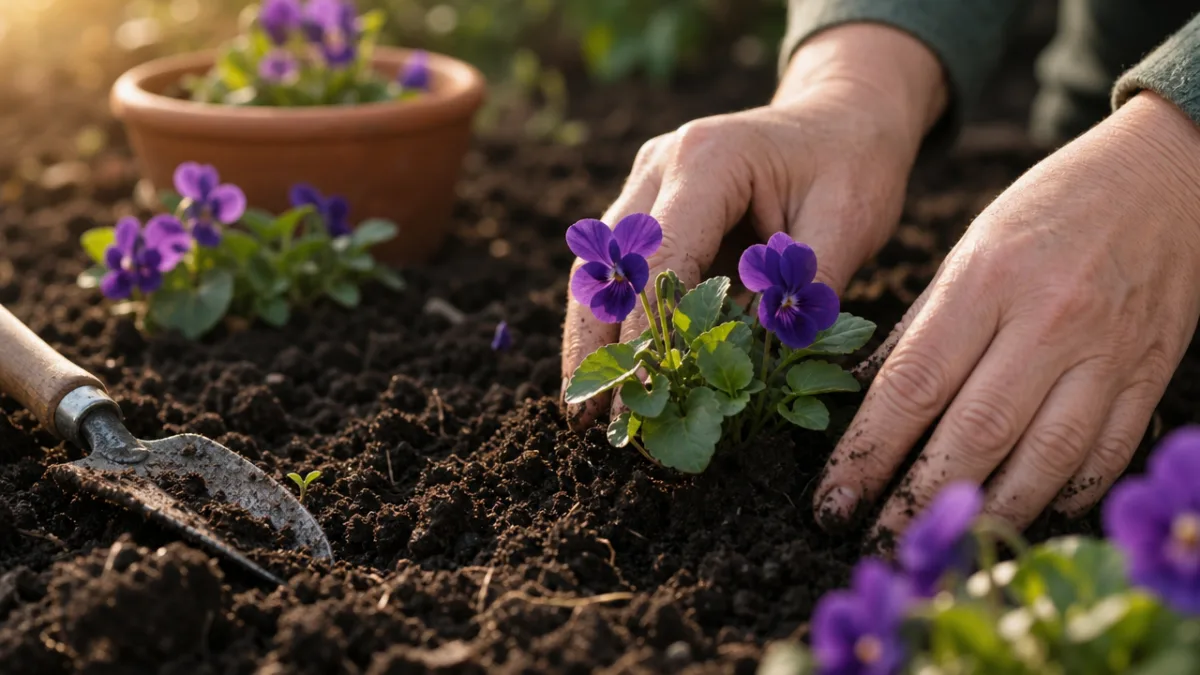 rich dark garden soil with small violet plants being carefully planted by…