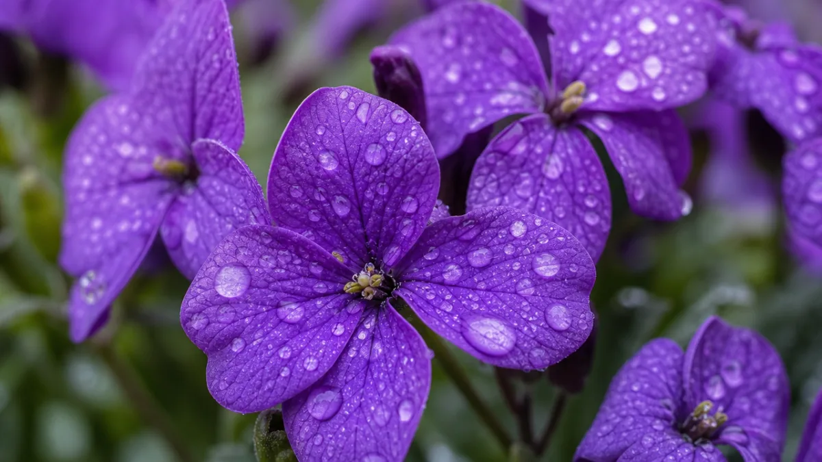 close-up of deep violet Sweet Beth flowers with morning dew drops in…