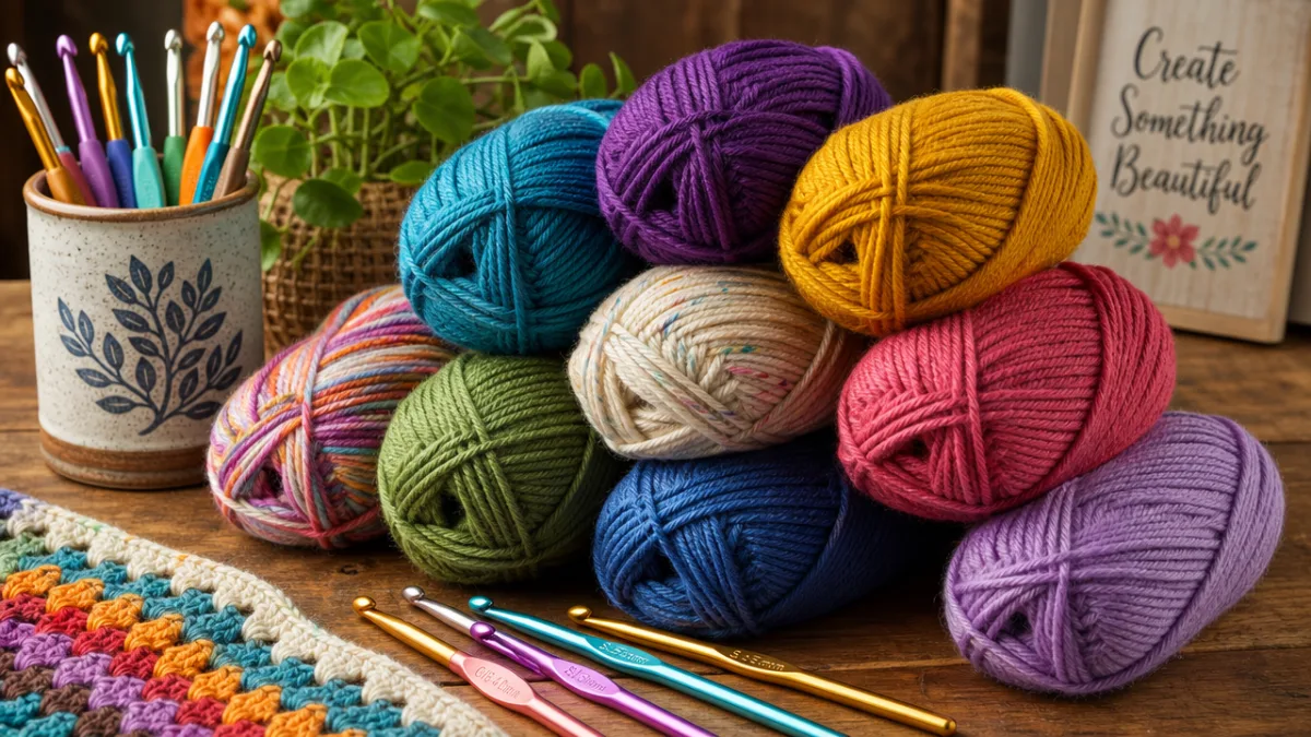 colorful skeins of yarn arranged with crochet hooks on a wooden table,…