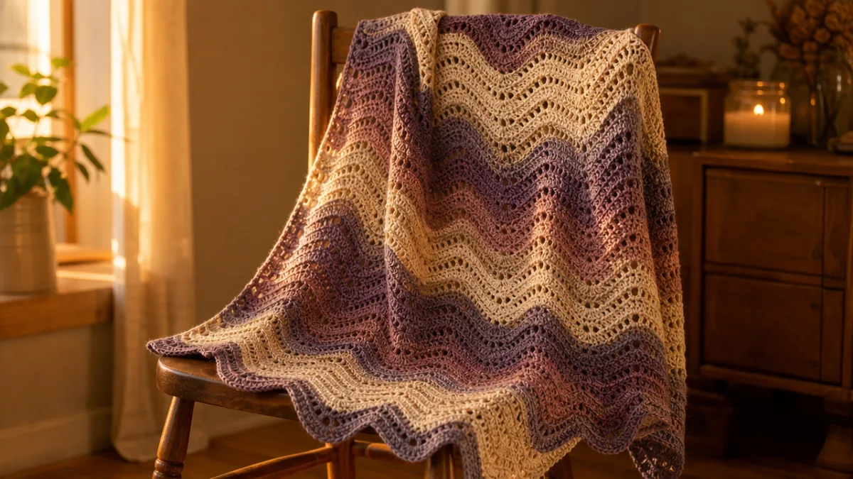 finished crochet wave stitch shawl draped over a wooden chair, warm golden…