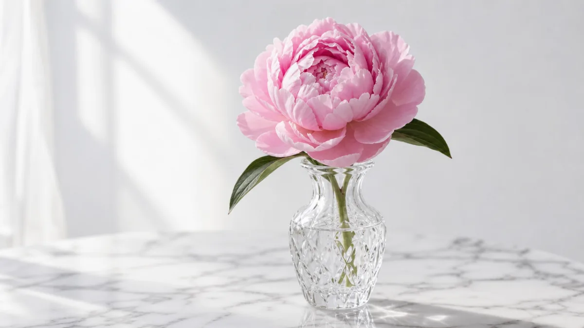 a single blooming peony in a crystal glass vase on a white…