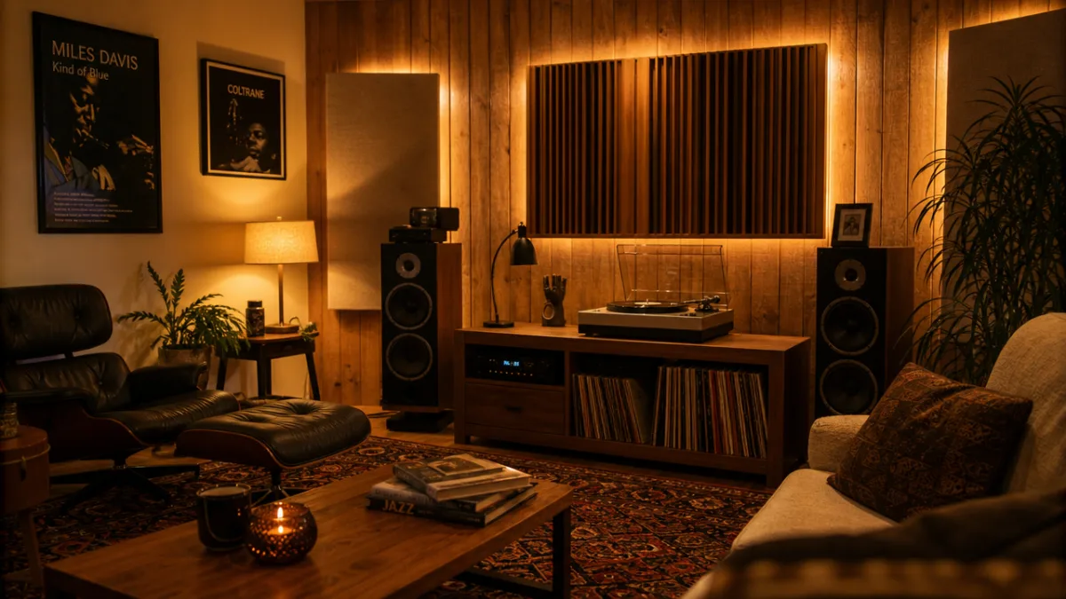 a warmly lit home listening room with wood-paneled walls, vintage turntable, and…