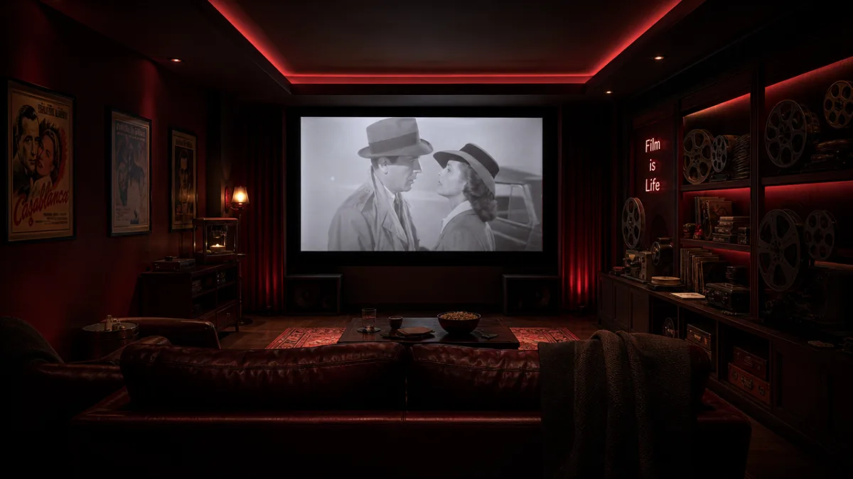 a moody home cinema room with a glowing projection screen, vintage film…