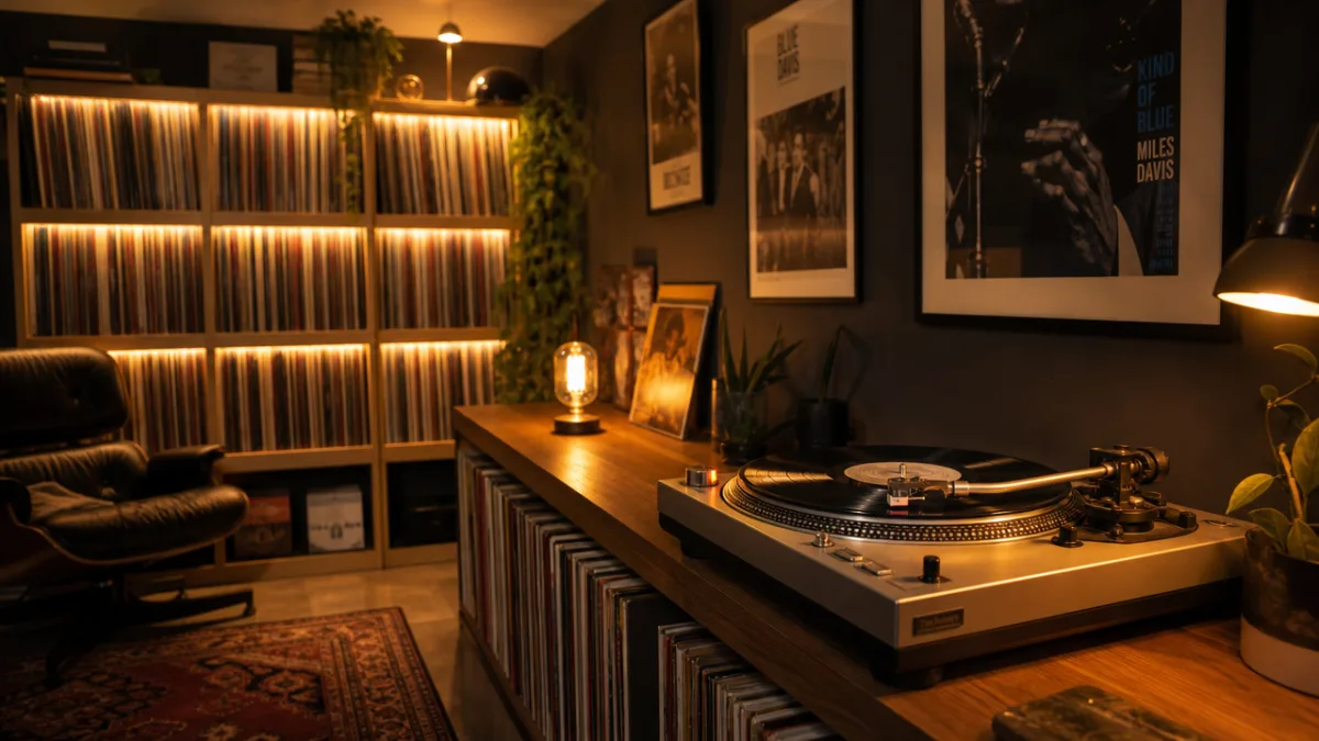 a softly lit vinyl listening room with glowing record shelves, warm amber…