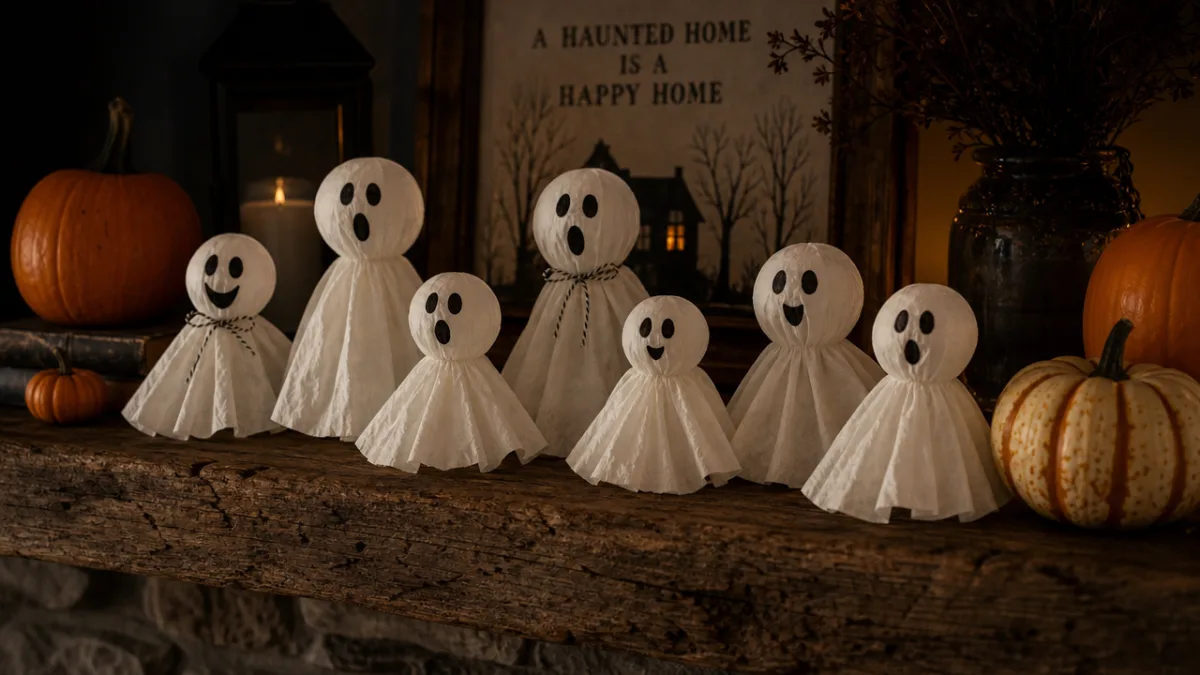 collection of handmade coffee filter ghosts displayed on a rustic wooden mantle…