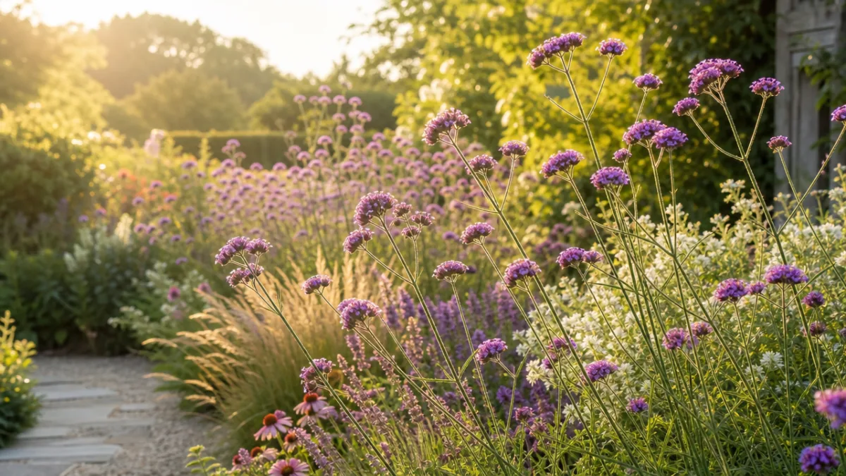 a sun-drenched garden border with tall purple verbena bonariensis stems swaying in…