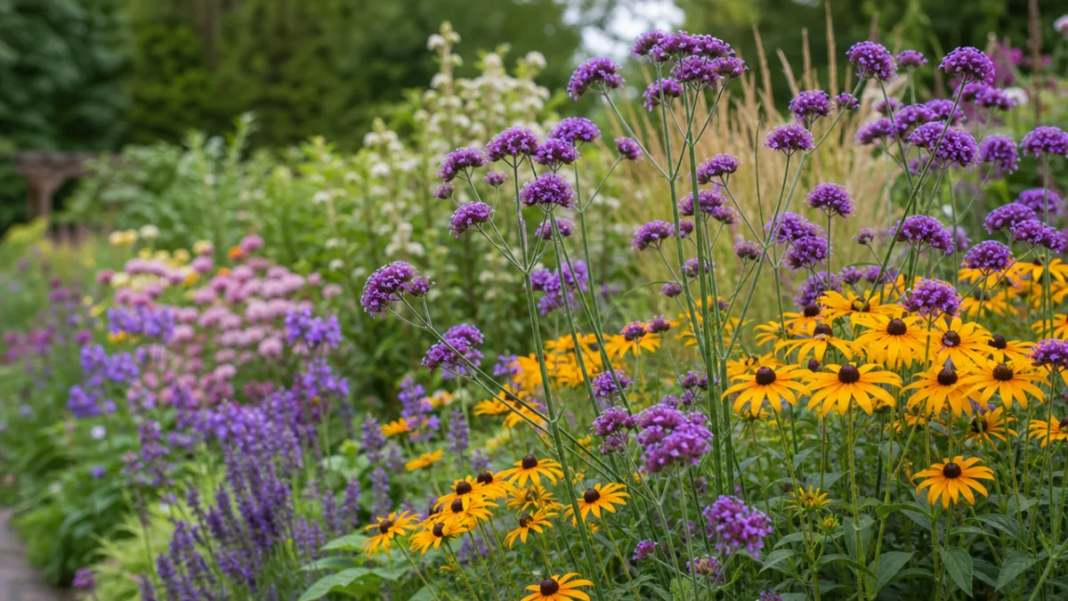 a lush mixed garden border with purple verbena bonariensis and golden rudbeckia…