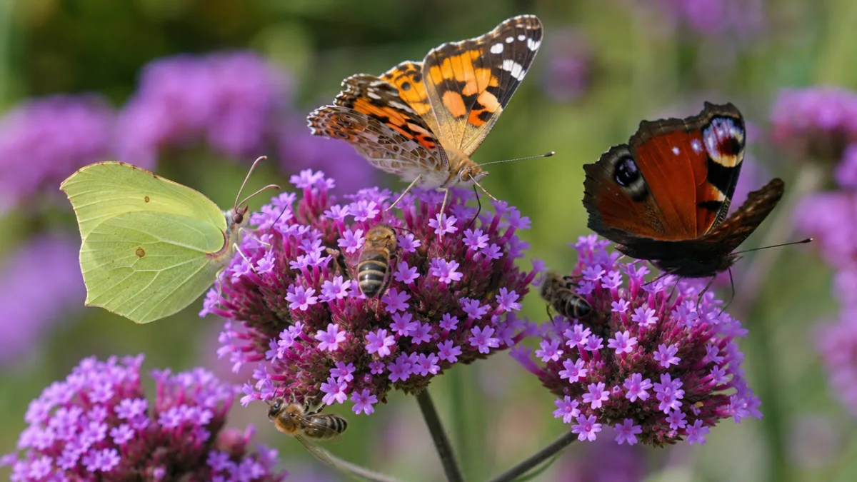 close-up of vibrant purple verbena bonariensis flowerheads covered in butterflies and bees,…