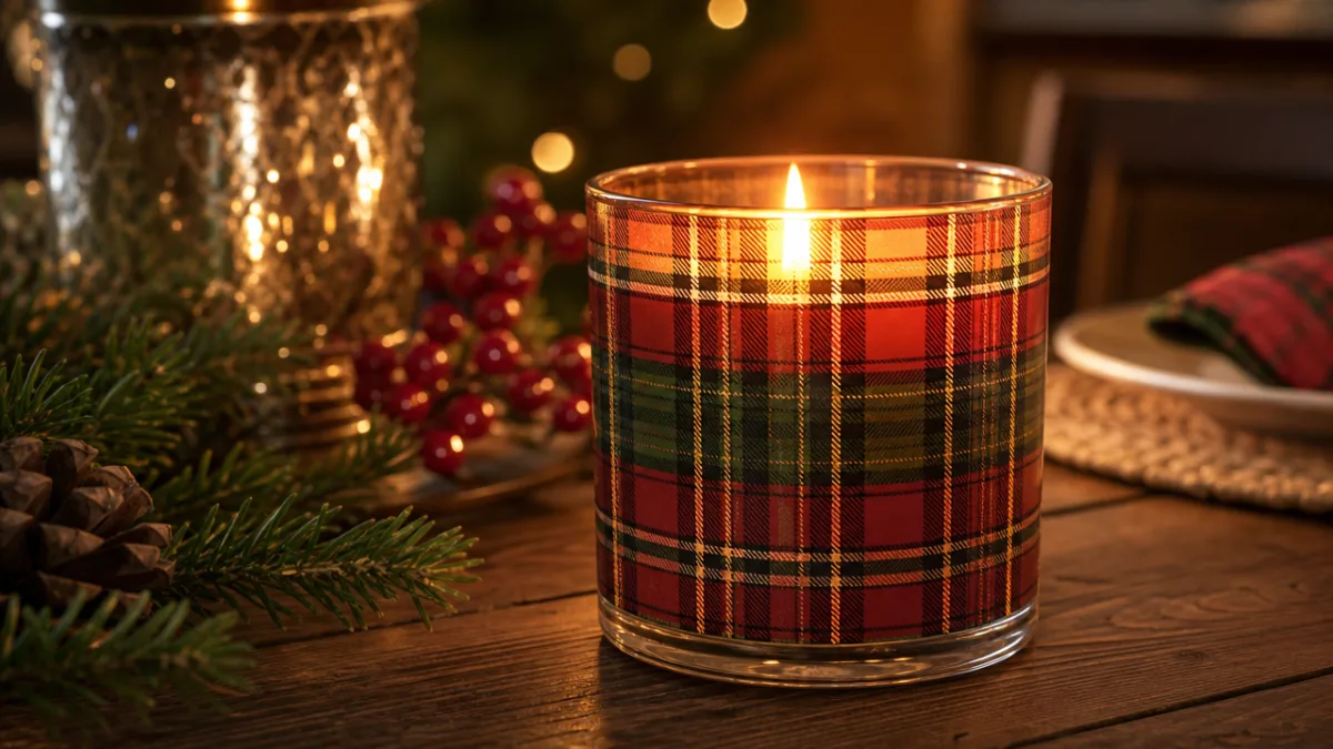 a close-up of a glass candle with plaid pattern glowing warmly on…