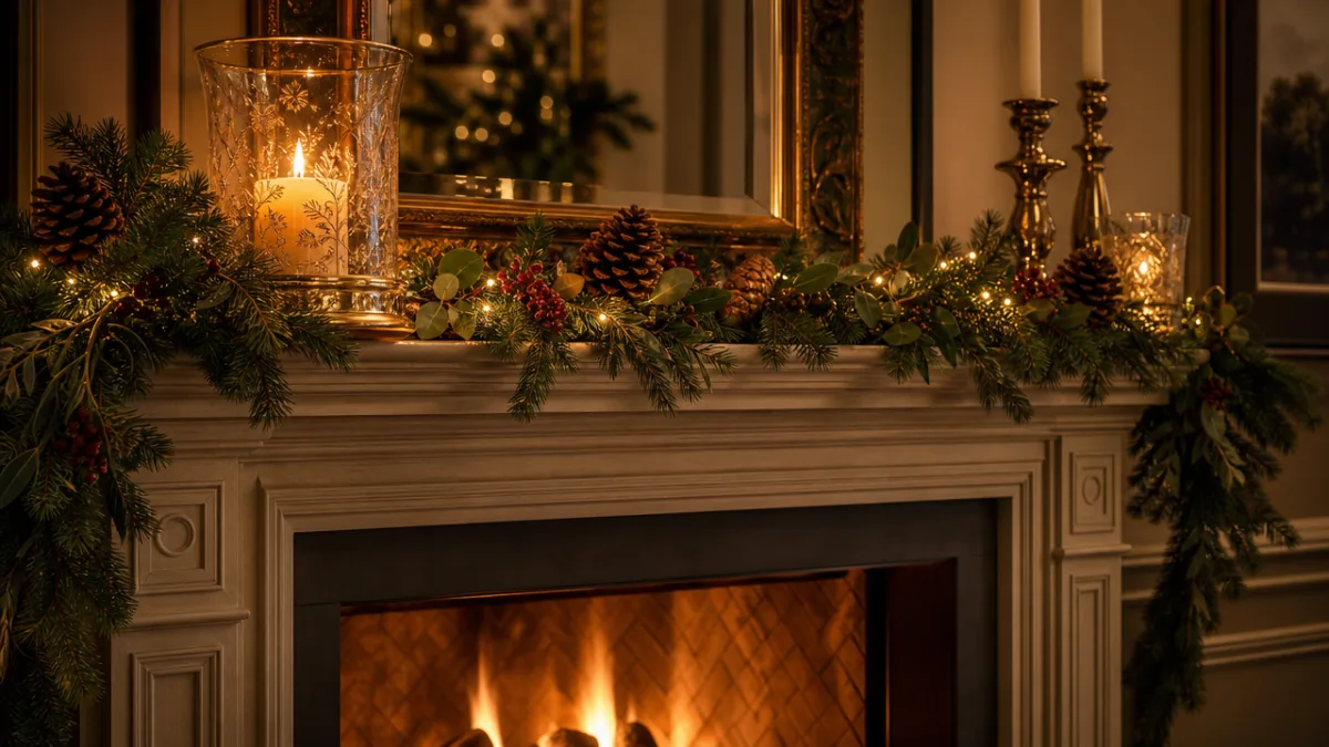 an elegant holiday mantelpiece display with a glowing glass candle, evergreen garland,…