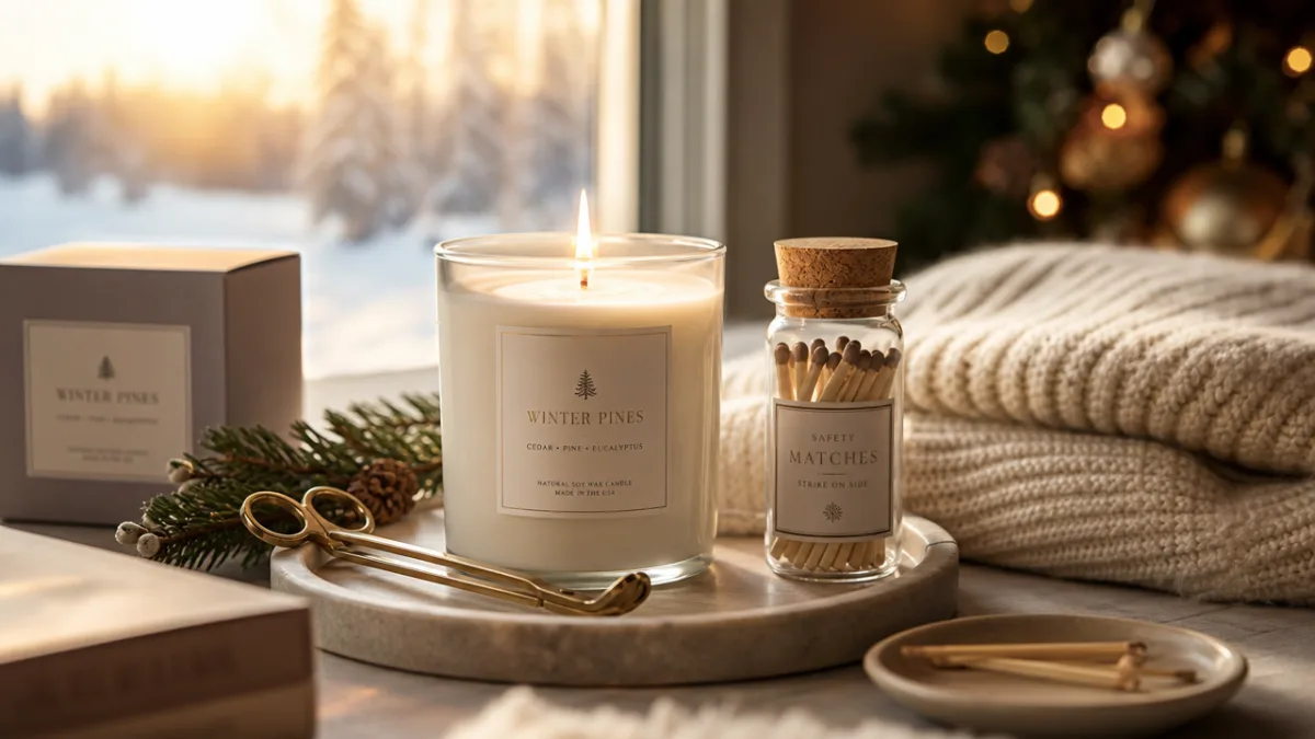 a beautifully styled holiday candle care setup with wick trimmer, matches, and…