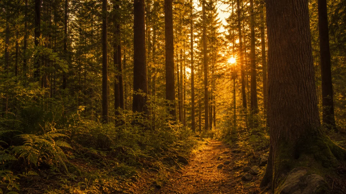 a lush outdoor forest location with golden hour light filtering through tall…