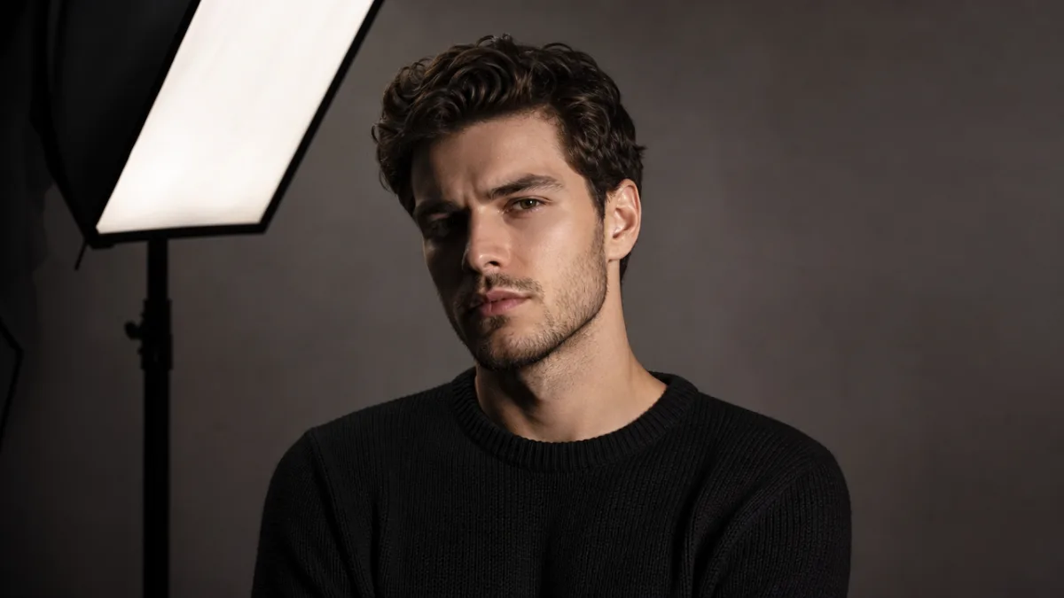 a professional portrait studio setup with a softbox light, dramatic shadows on…