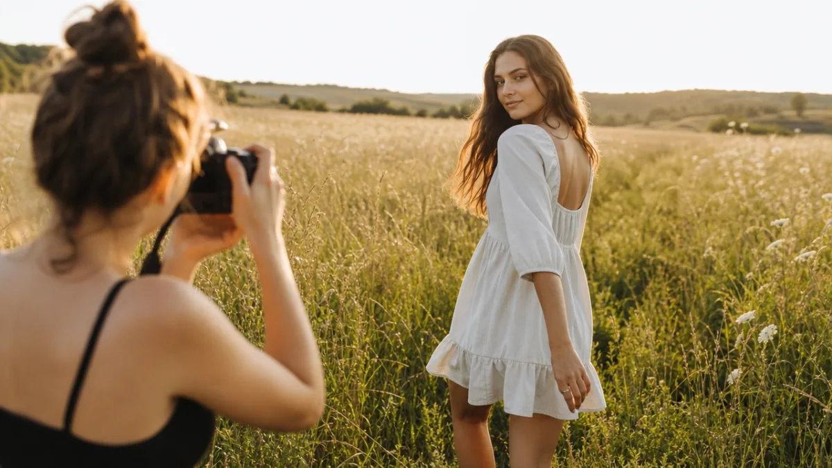a confident subject being photographed in a sunlit field, natural movement mid-walk,…