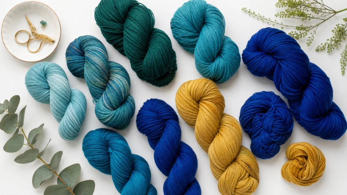 a flat lay of teal, emerald, gold, and cobalt blue yarn skeins…