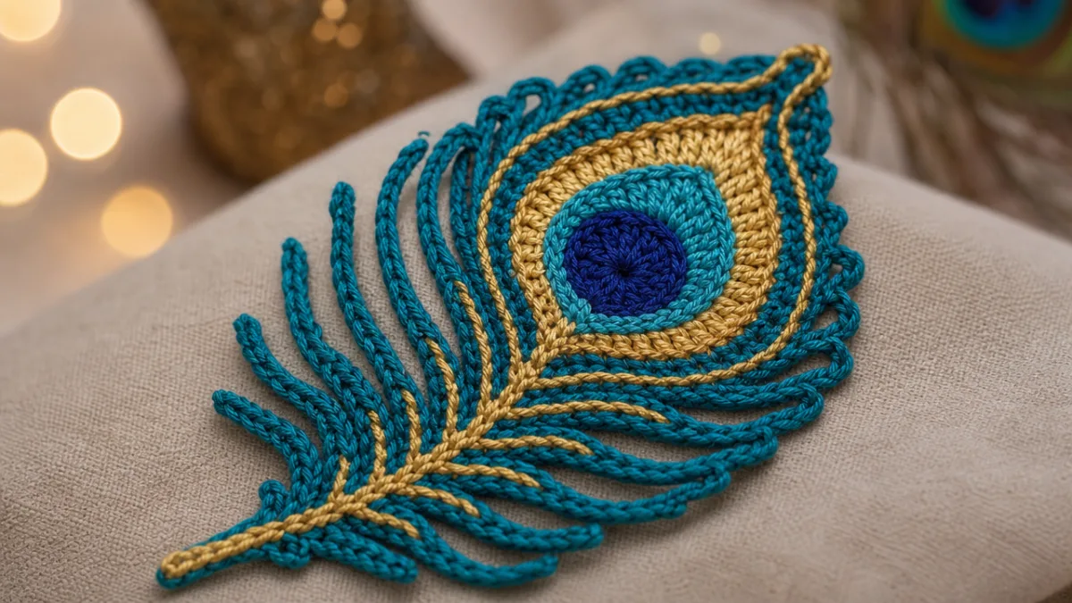 a detailed close-up of a finished crochet peacock feather motif in teal…