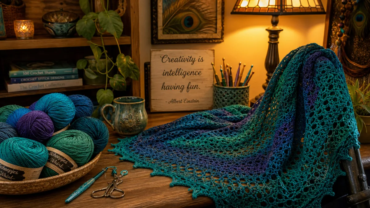 a cozy crochet workspace with peacock-colored yarn skeins, a finished crochet shawl,…