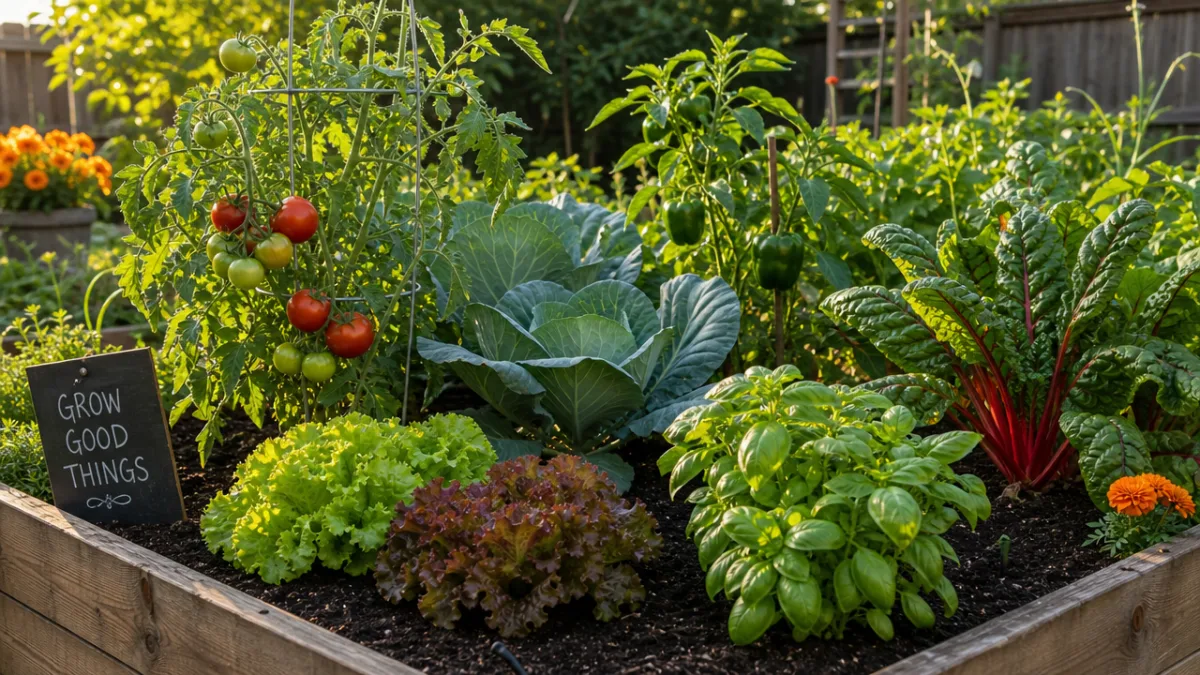 a lush raised garden bed filled with thriving vegetables in warm afternoon…