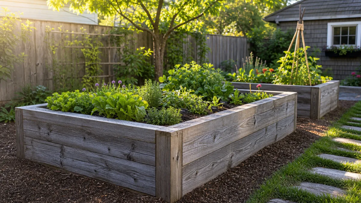 weathered cedar raised garden beds in a sunny backyard with visible wood…