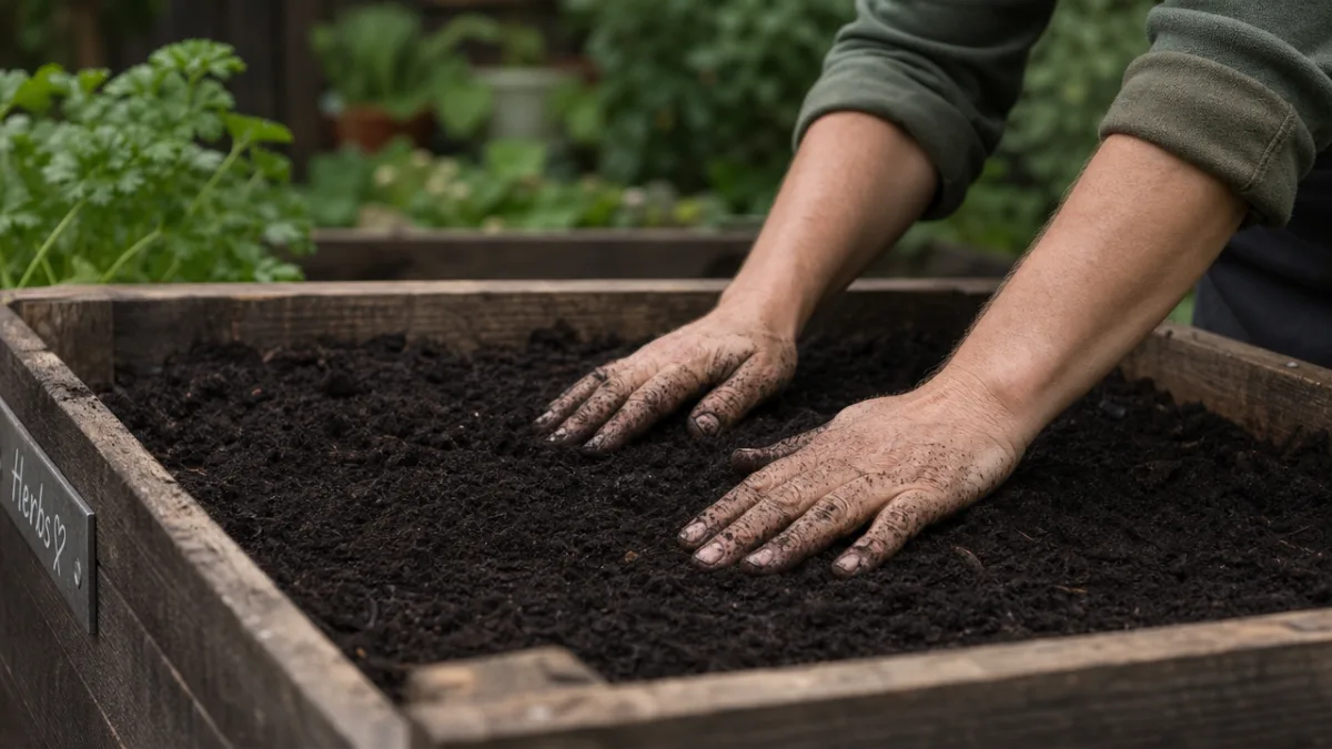 a gardener's hands pressing rich dark compost into a deep wooden raised…