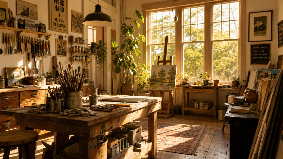 a sun-drenched artist's studio with wooden worktables, hanging tools, warm golden afternoon…