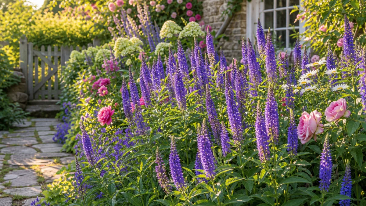 a lush cottage garden border filled with blooming purple Veronica spikes under…