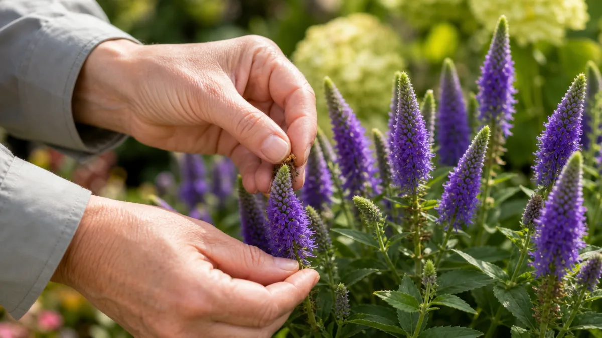 close-up of gardener's hands carefully deadheading Veronica flower spikes in a sunny…