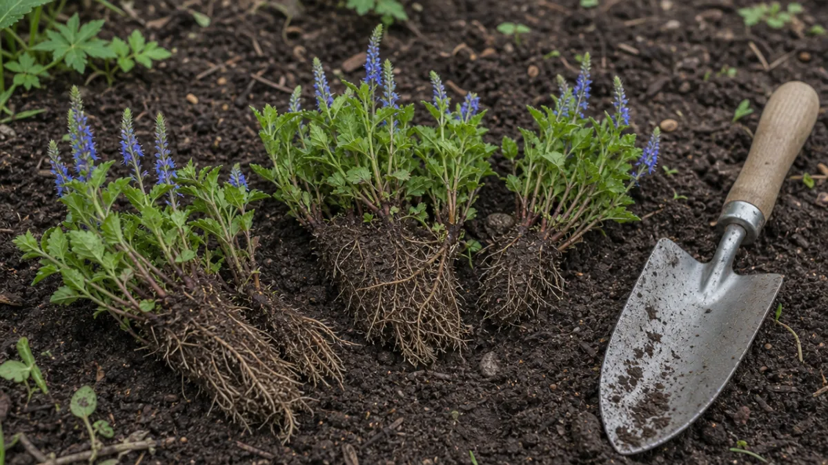 freshly divided Veronica root clumps laid on garden soil beside a trowel,…