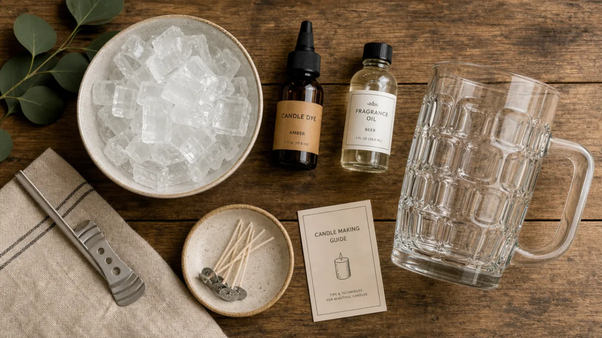 a flat lay of candle-making supplies including gel wax, amber dye, fragrance…