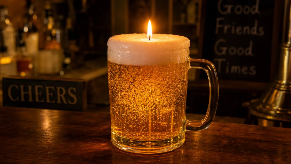 a finished beer gel candle in a glass mug with a realistic…