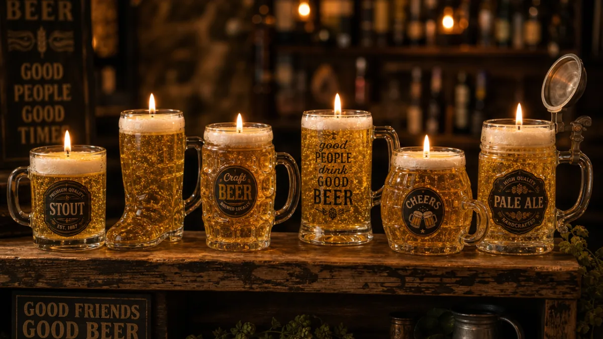 an assortment of beer gel candles in different mugs displayed on a…