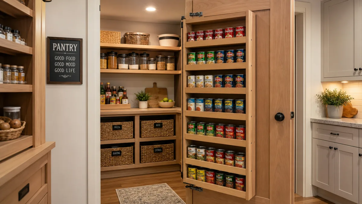 a well-organized kitchen pantry with a swing-out wooden storage tower holding rows…