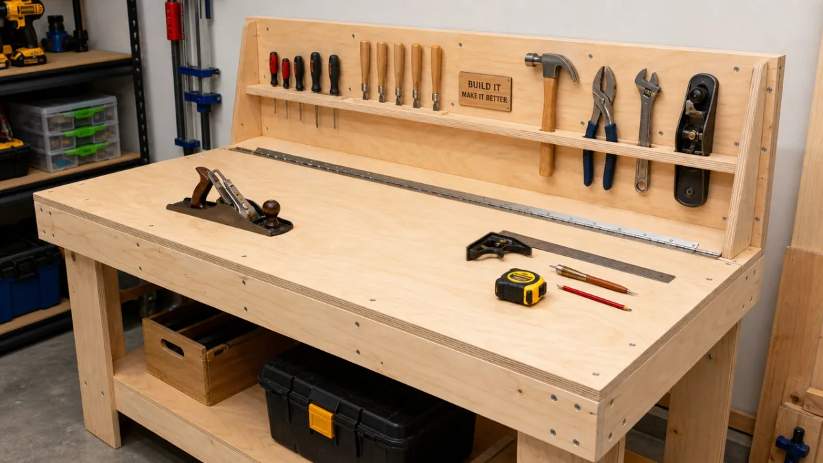 a DIY woodworking workbench with plywood panels, screws, a piano hinge, and…