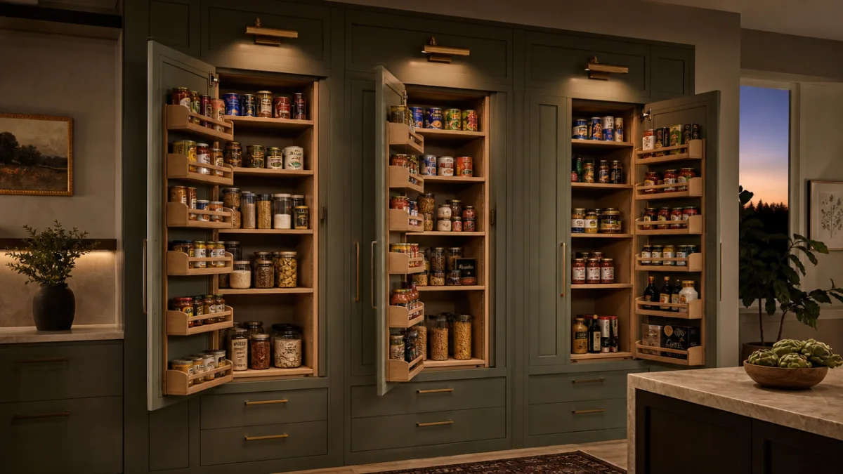 a custom multi-panel kitchen wall with three swing-out storage towers open to…