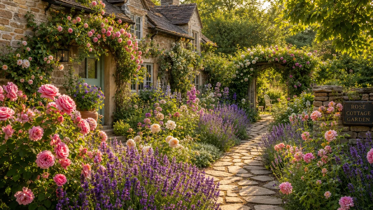 a lush cottage garden in full bloom with roses and lavender along…