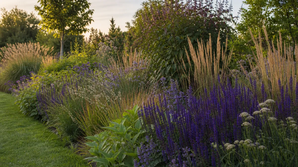 a beautifully layered mixed border with ornamental grasses and purple salvia, photographed…