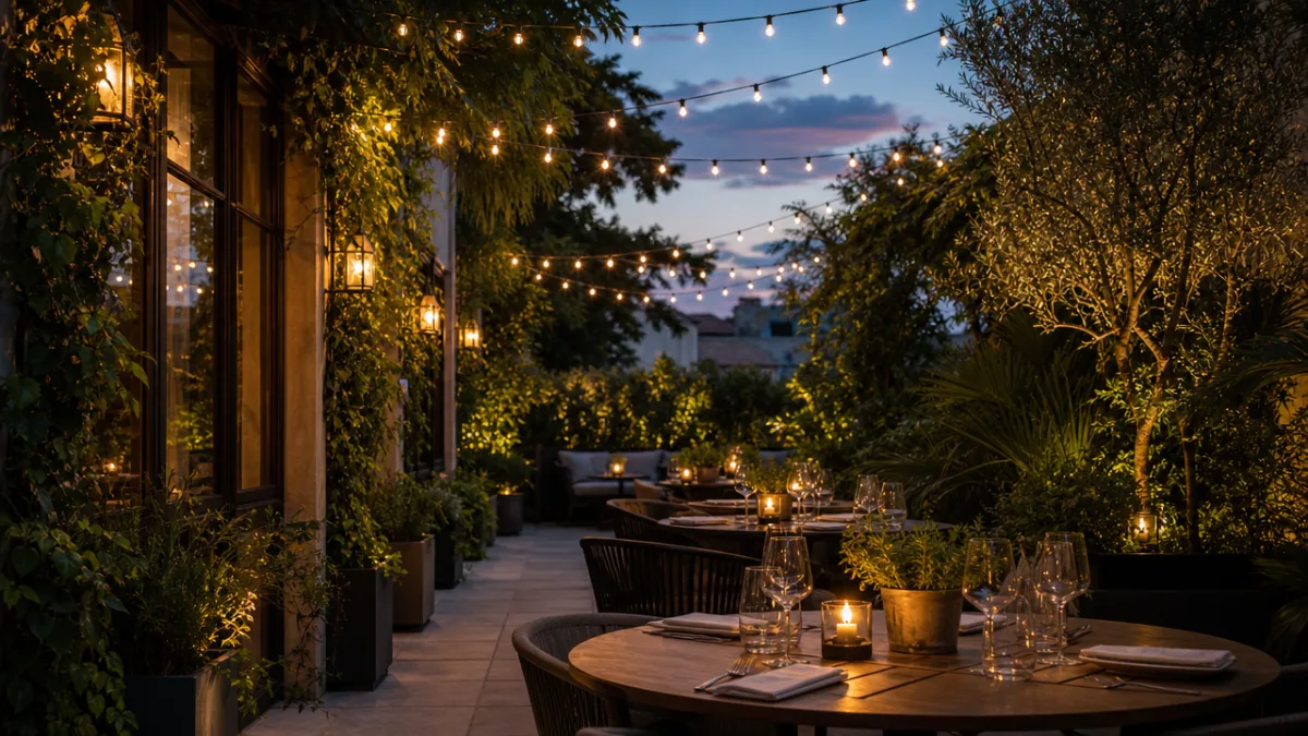 an elegant outdoor dining terrace with string lights and lush green planting,…