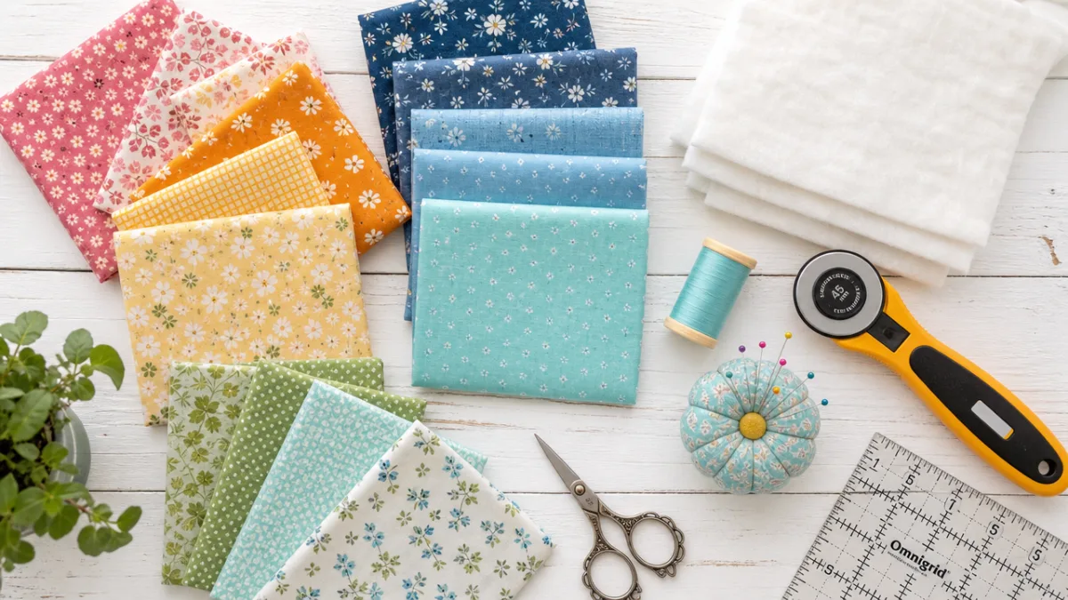a flat lay of colorful quilting fabric swatches, batting, and sewing tools…