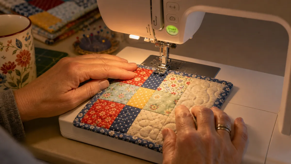 hands quilting a small colorful patchwork mug rug on a sewing machine,…