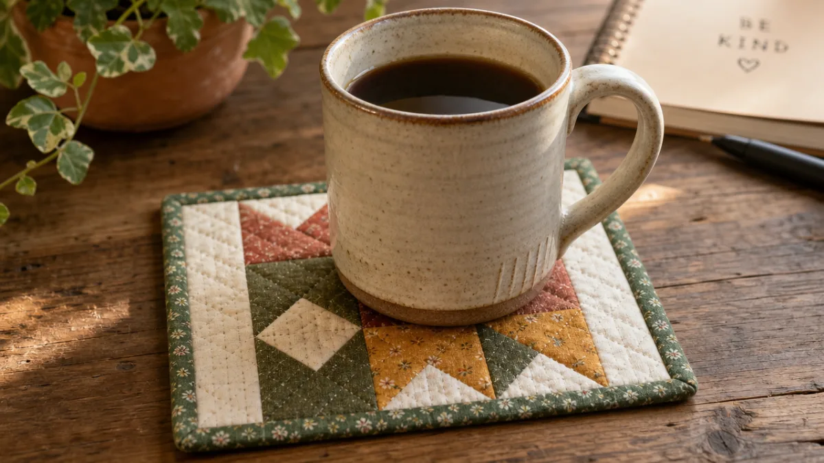 a finished handmade mug rug displayed under a ceramic coffee mug on…