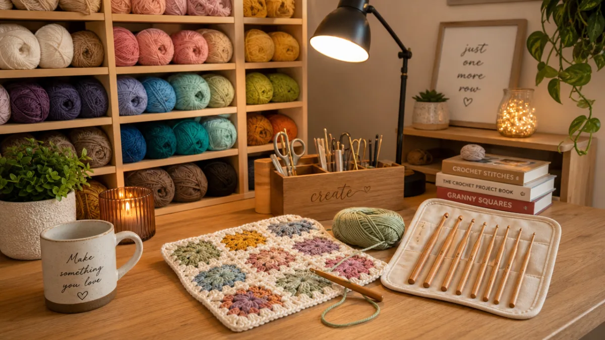 a neatly organized crochet workspace with colorful yarn skeins, wooden hooks, and…