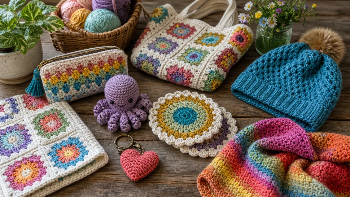 a collection of colorful handmade crochet items spread on a rustic wooden…