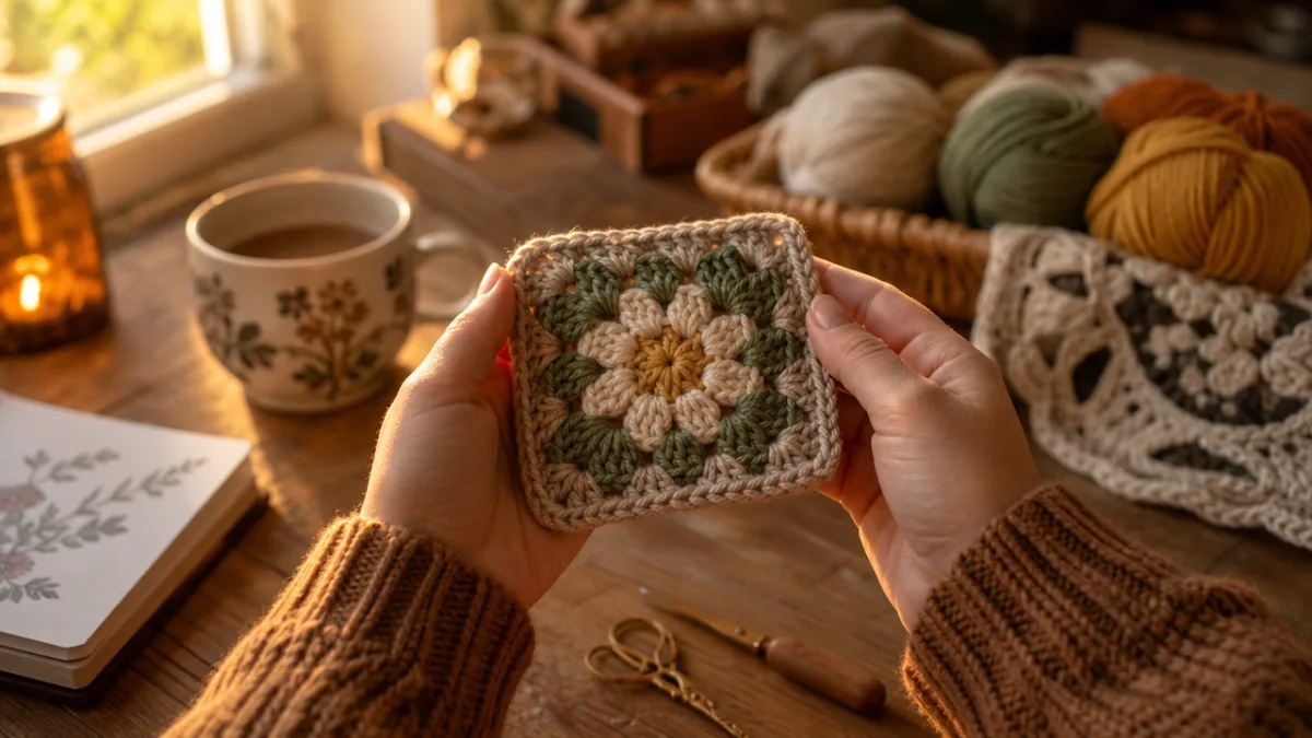 a crafter's hands holding a small finished crochet project, warm golden hour…