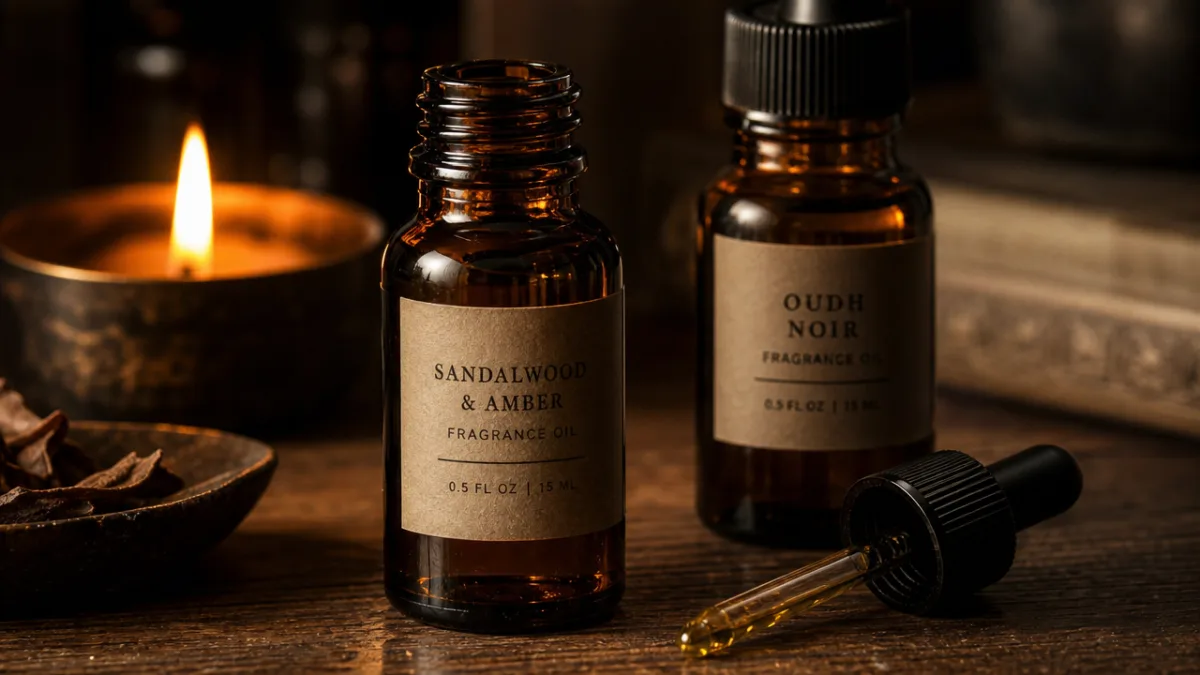 a close-up of amber fragrance oil bottles on a wooden table with…