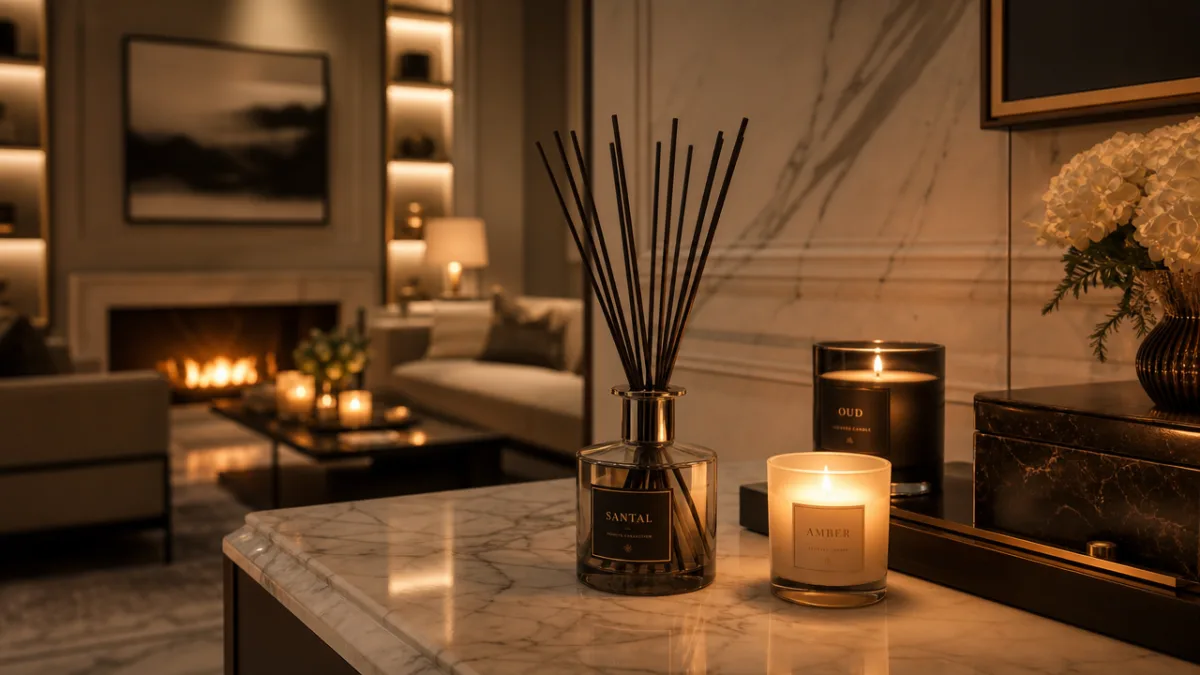 a luxury home interior with reed diffuser and soft glowing candles on…
