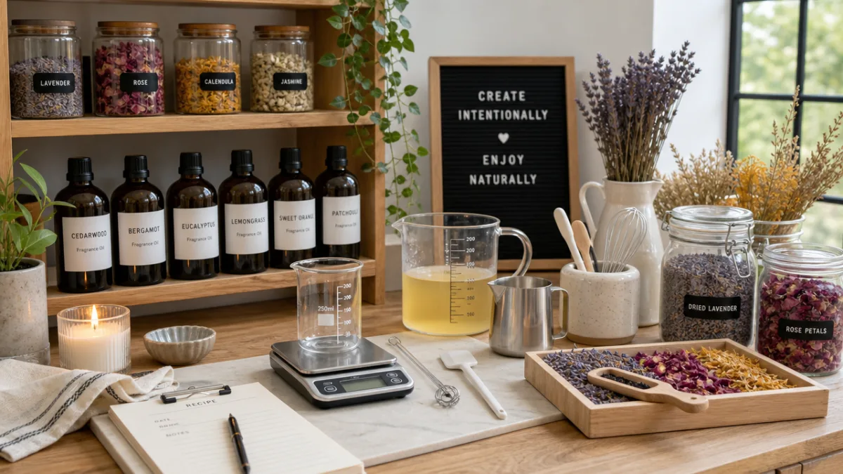 an organized craft workspace with labeled fragrance oil bottles, measuring tools, and…