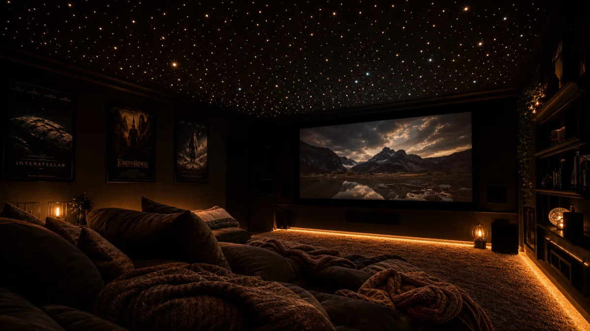 a cozy dark home theater with star projections covering the ceiling, warm…