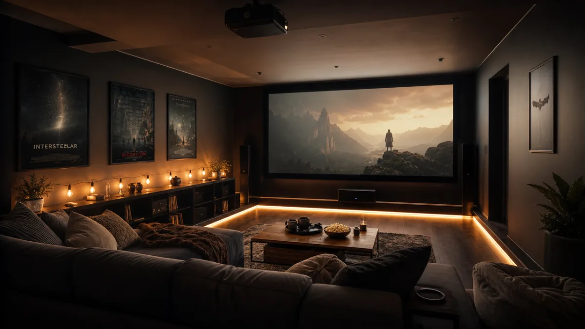 a moody home theater interior with warm Edison string lights along low…